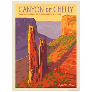 May include: A vintage travel poster for Canyon de Chelly National Monument in Arizona. The poster features a colorful illustration of Spider Rock, a towering sandstone spire, with a purple and orange canyon in the background. The text "Canyon de Chelly National Monument - AZ" is at the top of the poster, and "Spider Rock" is at the bottom.