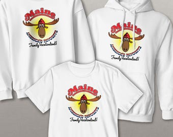 Camiseta, sudadera o sudadera con capucha para adultos de Maine, la tierra de vacaciones favorita de Estados Unidos, tallas S-XXL, ropa con estampado de alces.
