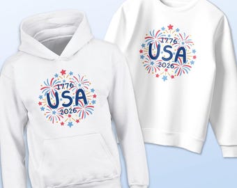 USA Fireworks Doodles 1776-2026 Youth Sweatshirt or Hoodie, XS-XL, Poly Cotton, Patriotic Kids Apparel