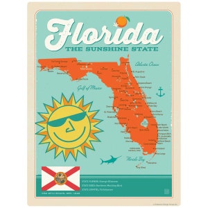 Vinyl Sticker; Florida Sunshine State Map, Waterproof Decal for Laptop, Bumper Sticker and More! Vintage Style US Travel Souvenir Sticker