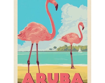 Aruba Flamingo Beach Vinyl Sticker, Vintage Style Travel Decal