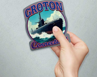 Pegatina de vinilo, calcomanía troquelada de submarino de Groton, Connecticut, orgullo estatal, pegatina impermeable para botella de agua, computadora portátil, parachoques de automóvil y más.