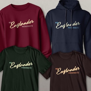 Massachusetts New Englander Slant Script, Adult Unisex T-shirt, Sweatshirt, Hoodie, S-XXL, Exclusive Retroplanet Design, Local Gift