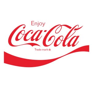 May include: The Coca-Cola logo, in red script, is displayed on a white background. The word "Enjoy" is above the Coca-Cola script, and "Trade-mark ®" is below. A red curved line is at the bottom.