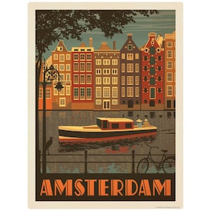 Vinyl Sticker; Amsterdam Netherlands Canal Boat, Laptop Decal, Bumper Sticker, Car Window Decal, Vintage Style World Travel Souvenir Gift