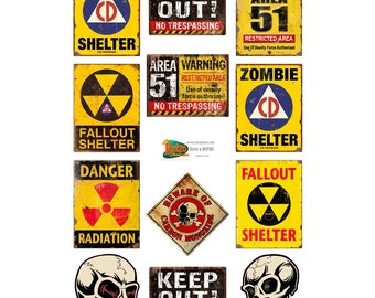 Area 51 Fallout Shelter Vinyl Sticker Set of 12, Nuclear Radiation Warning Zombies Decals