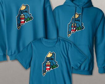 Maine Lighthouse State Outline, Adult Unisex T-shirt, Sweatshirt, Hoodie, S-XXL, State Pride, Souvenir