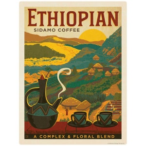 Ethiopian Sidamo Coffee Vinyl Sticker–Laptop Decal–Bumper Sticker–Car Window Decal–Vintage Style–Coffee Canister Decal