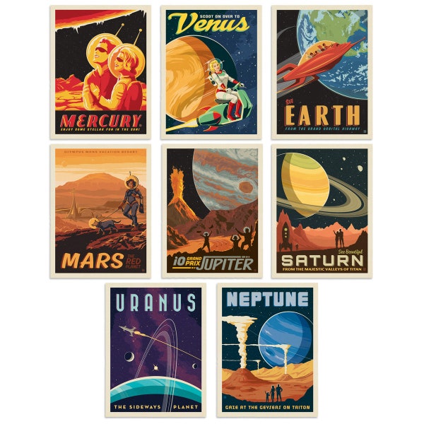 Solar System Planets Vinyl Sticker Set of 8–Bumper Stickers–Luggage Decals–Retro Sci Fi Decals–Space Travel–Vintage Style