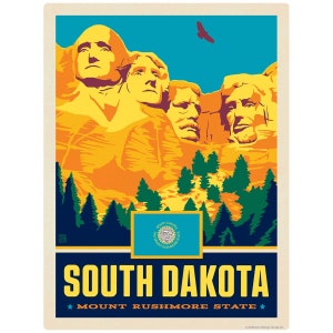 May include: A vintage travel poster featuring Mount Rushmore National Memorial in South Dakota. The poster is in a retro style with a blue, yellow, and green color scheme. The text on the poster reads "South Dakota, Mount Rushmore State".