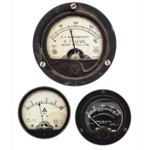 May include: Three vintage electrical meters with black metal casings. The top meter reads "D.C. MICROAMPERES" and "R.F. LEVEL". The bottom left meter displays "A" and the bottom right meter reads "MILLIAMPERES D.C." with "GENERAL ELECTRIC" text.