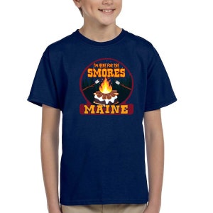 Youth T-Shirt; Maine Here For The S&#39;mores, Youth Unisex XS-XL, Smores Campfire Fun, Camping, Travel Souvenir Gift for Camper Kids