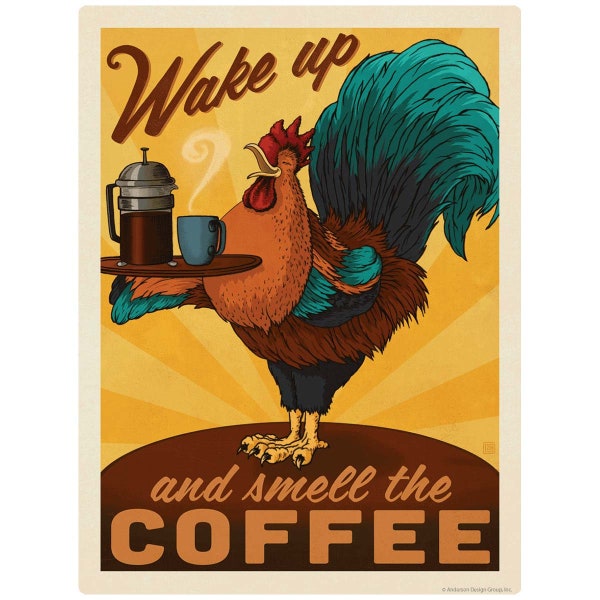 Mini Sticker: Smell the Coffee Rooster, Mini Waterproof Vinyl Sticker, for Laptop, Water Bottle, Bumper Sticker and More!