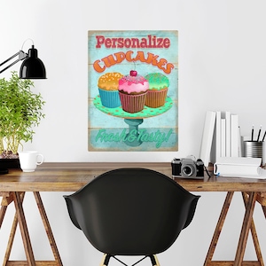 Cupcakes Fresh Tasty Personalized Decal Distressed, Peel & Stick Wall Graphic, Removable Wall Sticker, Vintage Style, Kitchen Bakery Decor