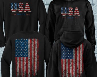 Sudadera o sudadera con capucha patriótica de doble cara con bandera de EE. UU. desgastada, tallas S-2X para adultos unisex, poliéster y algodón, ropa patriótica.