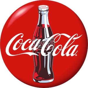 May include: A classic Coca-Cola bottle illustration on a red background. The bottle is dark brown with a white cap and the iconic Coca-Cola script logo in white. The image is a circular design.
