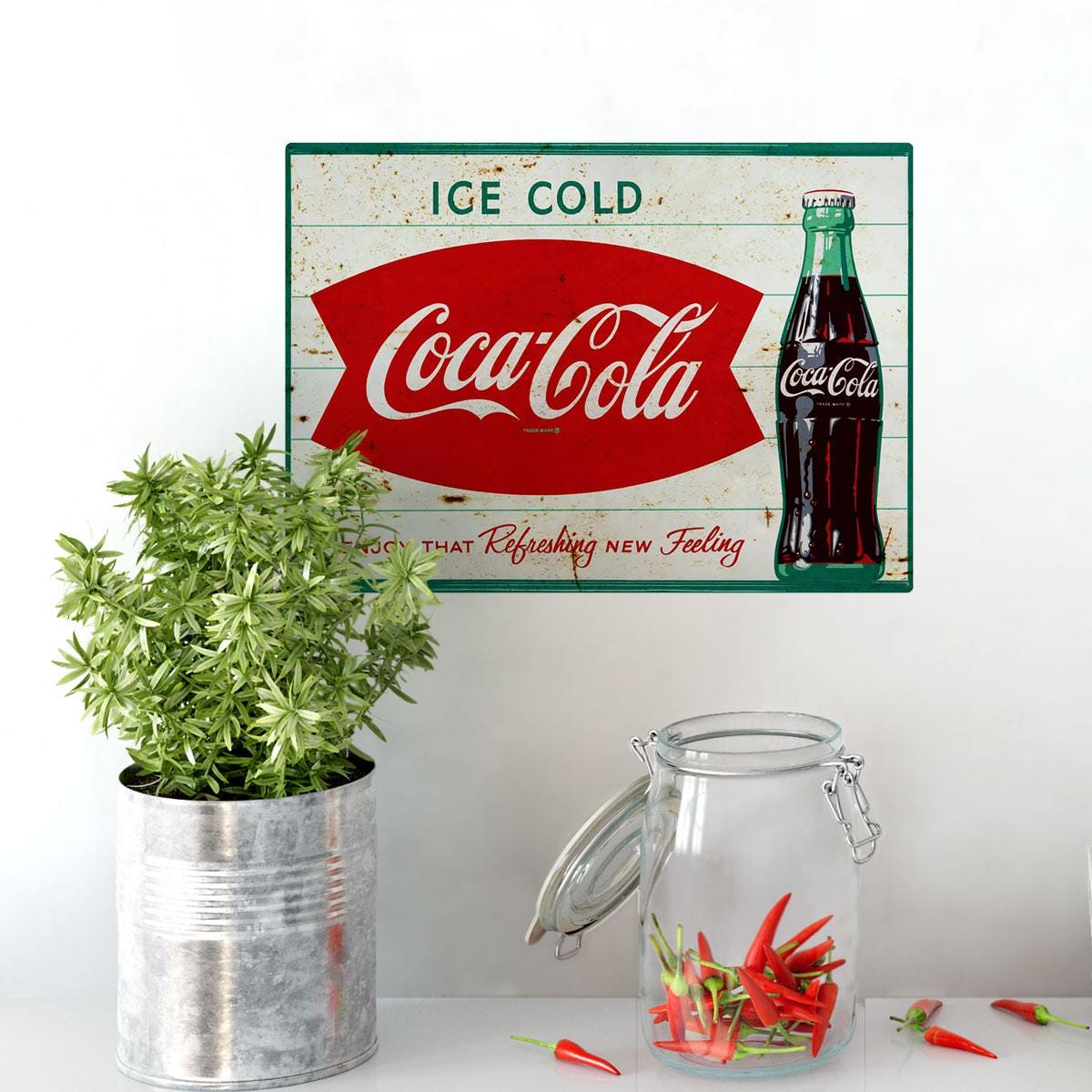 Coca-cola Fishtail Logo Vinyl Wall Decal, Ice Cold, Retro Kitchen