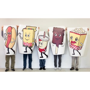 Let's Go to the Lobby! Dancing Snacks Cartoon Character Cutout Wall Decal Set includes one of each character (total of 5 piece). Each character varies in size. Shown printed at 48 inches tall.