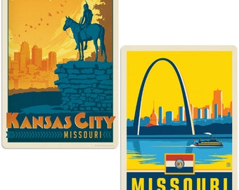 Kansas City Missouri Scout Statue Vinyl Sticker Set, 2 Retro Travel Art Bumper Sticker Decals