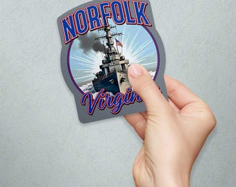 Pegatina de vinilo, calcomanía troquelada del acorazado Norfolk, Virginia, orgullo estatal, pegatina impermeable para botella de agua, computadora portátil, parachoques de automóvil y más.