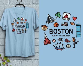 T-Shirt, Boston Doodles Icons, Adult Unisex Shirt Sizes S - XXL, 100% Cotton, Boston Massachusetts Souvenir, State Pride, Local Gift