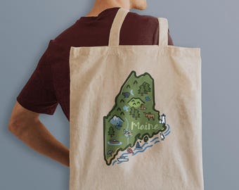 Bolso grande de lona de algodón con iconos y contornos del estado de Maine.