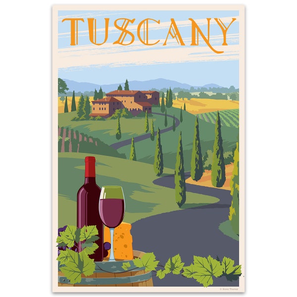 Tuscany Italian Wine Travel Vinyl Sticker Vintage Style, Luggage, Notebook, Ipad, Bag Sticker, Cheese and Wine Sticker, Peel and Stick