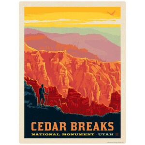 May include: A vintage-style travel poster for Cedar Breaks National Monument in Utah. The poster features a hiker overlooking a canyon with red rock formations. The sky transitions from yellow to orange and purple.