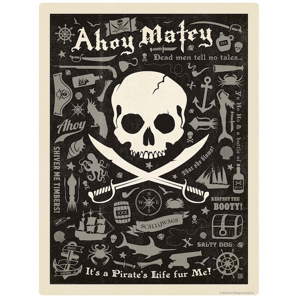 Vinyl Sticker; Ahoy Matey Pirate Pattern, Laptop Decal, Bumper Sticker, Car Window Decal, Vintage Style Jolly Roger Skull and Swords