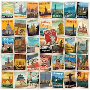 Great World Cities Vinyl Sticker Set of 36 Pieces Global Travel Decals 2 x 3 Inch Car Bumper Luggage Suitcase Souvenir Memento Collectibles