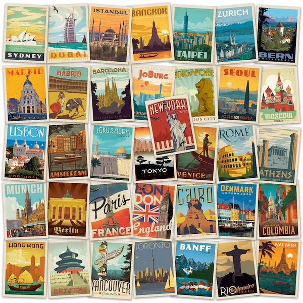 Great World Cities Vinyl Sticker Set of 36 Pieces Global Travel Decals 2 x 3 Inch Car Bumper Luggage Suitcase Souvenir Memento Collectibles