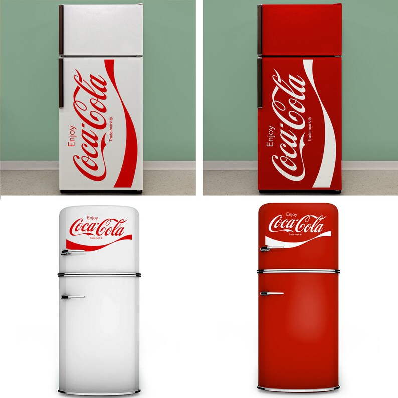 Enjoy Coca-Cola 1970s Script Vinyl Wall Decal is available in Red or White Colored Vinyl. Shown applied to various refrigerators, both contemporary and retro.