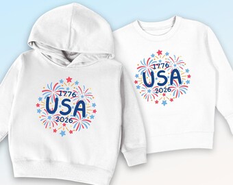USA Fireworks Doodles 1776-2026 Toddler Sweatshirt or Hoodie, 2T-5/6, Poly Cotton, Patriotic Kids Apparel