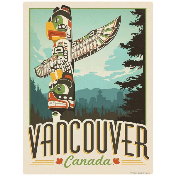 Vancouver Canada Totem Pole Vinyl Sticker–Laptop Decal–Bumper Sticker–Car Window Decal–Vintage Style–World Travel Decal