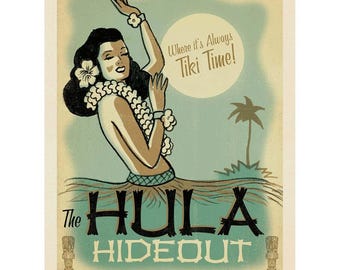 Hula Hideout Tiki Bar Vinyl Sticker, Vintage Style Hawaiian Decal