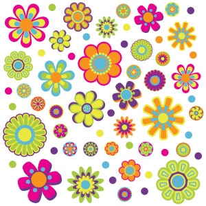 Mod Flowers Stickers, Small Retro Boho Groovy 60s OR Earthy 70s Style Peel & Stick Decals for Party Favors and Home Decor Set of 60 Pieces