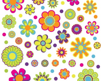 Mod Flowers Stickers, Small Retro Boho Groovy 60s OR Earthy 70s Style Peel & Stick Decals for Party Favors and Home Decor Set of 60 Pieces