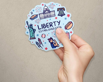 Pegatina de vinilo troquelada con diseño patriótico USA Liberty 1776 Doodles, ideal para álbumes de recortes, parachoques de coche, ventanas, botellas de agua y regalos.
