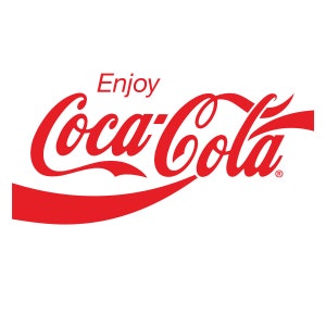 May include: The Coca-Cola logo, in red, against a white background. The word "Enjoy" is above the stylized "Coca-Cola" script. The iconic logo is a classic design associated with the popular soft drink.