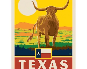 Vinyl Sticker; Texas Lone Star State Longhorn, Laptop Decal, Bumper Sticker, Window Decal, Vintage Style US Travel Souvenir Sticker