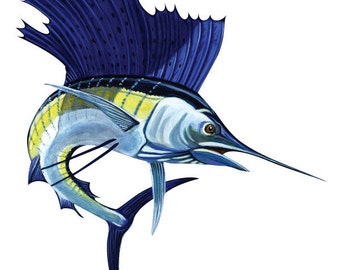 May include: Illustration of a sailfish in shades of blue, yellow, and white. The fish has a large, distinctive dorsal fin and a long, pointed bill. The artwork is set against a white background.