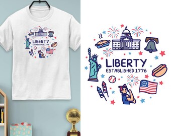 Camiseta USA Liberty 1776 Doodles para jóvenes, tallas XS-XL, 100% algodón, camiseta patriótica para niños.