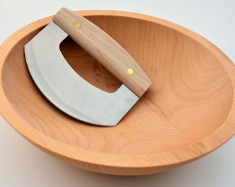 Wood Chopped Salad Bowl EZ to Hold FREE Mezzaluna