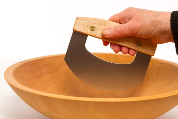 Wood Chopping Bowl EZ to Hold FREE Mezzaluna 