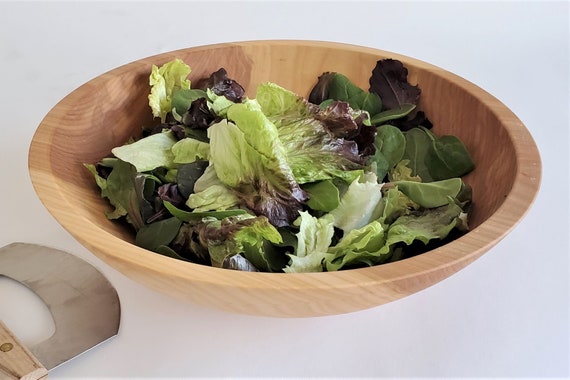Wood Chopped Salad Bowl EZ to Hold FREE Mezzaluna 