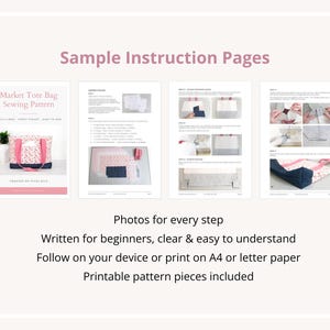 Puede incluir: Un patr&oacute;n de costura digital para un bolso de mercado, que incluye cuatro p&aacute;ginas de instrucciones con fotos paso a paso, texto y diagramas. La portada muestra un bolso floral con asas rosas y base azul oscuro, titulado Market Tote Bag Sewing Pattern.