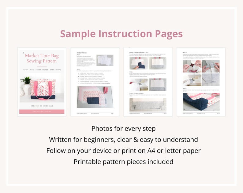 Puede incluir: Un patr&oacute;n de costura digital para un bolso de mercado, que incluye cuatro p&aacute;ginas de instrucciones con fotos paso a paso, texto y diagramas. La portada muestra un bolso floral con asas rosas y base azul oscuro, titulado Market Tote Bag Sewing Pattern.