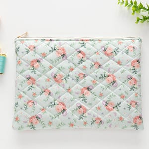 K&ouml;nnte beinhalten: Eine gesteppte Tasche mit floralem Muster aus rosa Rosen und gr&uuml;nen Bl&auml;ttern auf hellblauem Hintergrund, mit goldenem Rei&szlig;verschluss. N&auml;hutensilien, darunter ein Nadelkissen, Garnrollen und eine goldene Schere, sind um die Tasche herum angeordnet.