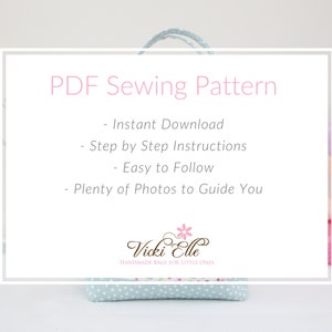 May include: A PDF sewing pattern for a handmade bag. The pattern includes step-by-step instructions, photos, and an instant download. The text on the image reads "PDF Sewing Pattern - Instant Download - Step by Step Instructions - Easy to Follow - Plenty of Photos to Guide You Vicki Elle HANDMADE BAGS FOR LITTLE ONES"