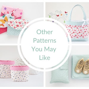 Puede incluir: Una colecci&oacute;n de patrones de costura con varios dise&ntilde;os, que incluyen una bolsa de mano con estampado floral, una peque&ntilde;a bolsa con estampado de mariposa, una manta para beb&eacute; con estampado de lunares y un juego de dos cestas de almacenamiento con estampado de lunares. El texto "Otros patrones que te pueden gustar" se muestra en un c&iacute;rculo.